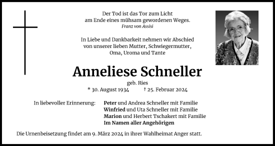 Anzeige von Anneliese Schneller von Kölner Stadt-Anzeiger / Kölnische Rundschau / Express