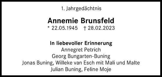 Anzeige von Annemie Brunsfeld von Kölner Stadt-Anzeiger / Kölnische Rundschau / Express