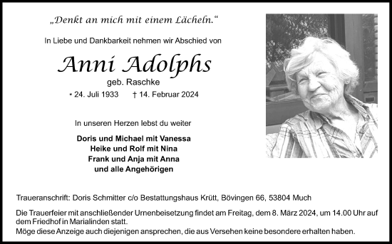 Anzeige von Anni Adolphs von Kölner Stadt-Anzeiger / Kölnische Rundschau / Express