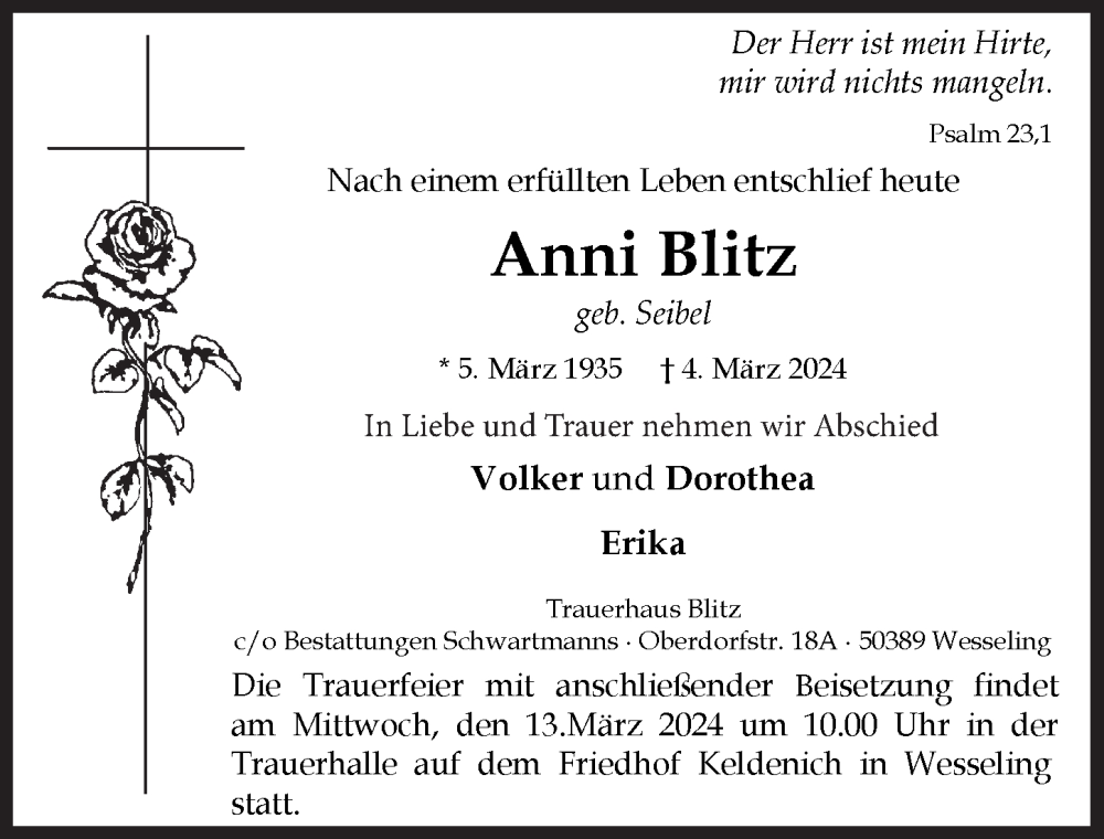  Traueranzeige für Anni Blitz vom 08.03.2024 aus  Schlossbote/Werbekurier 