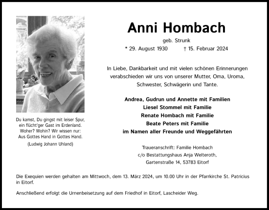 Anzeige von Anni Hornbach von Kölner Stadt-Anzeiger / Kölnische Rundschau / Express