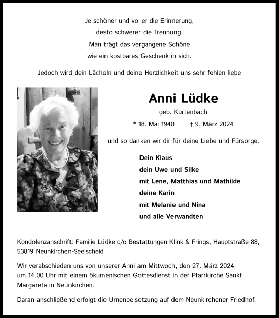 Anzeige von Anni Lüdke von Kölner Stadt-Anzeiger / Kölnische Rundschau / Express