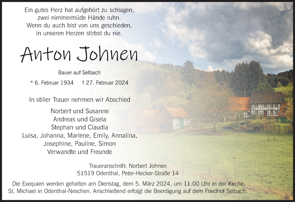  Traueranzeige für Anton Johnen vom 02.03.2024 aus Kölner Stadt-Anzeiger / Kölnische Rundschau / Express