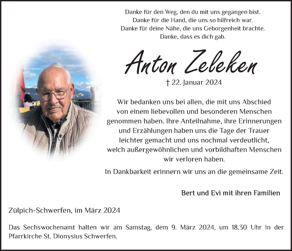  Traueranzeige für Anton Zeleken vom 02.03.2024 aus  Blickpunkt Euskirchen 