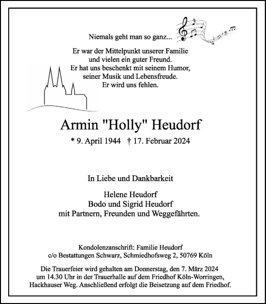 Anzeige von Armin Heudorf von Kölner Stadt-Anzeiger / Kölnische Rundschau / Express