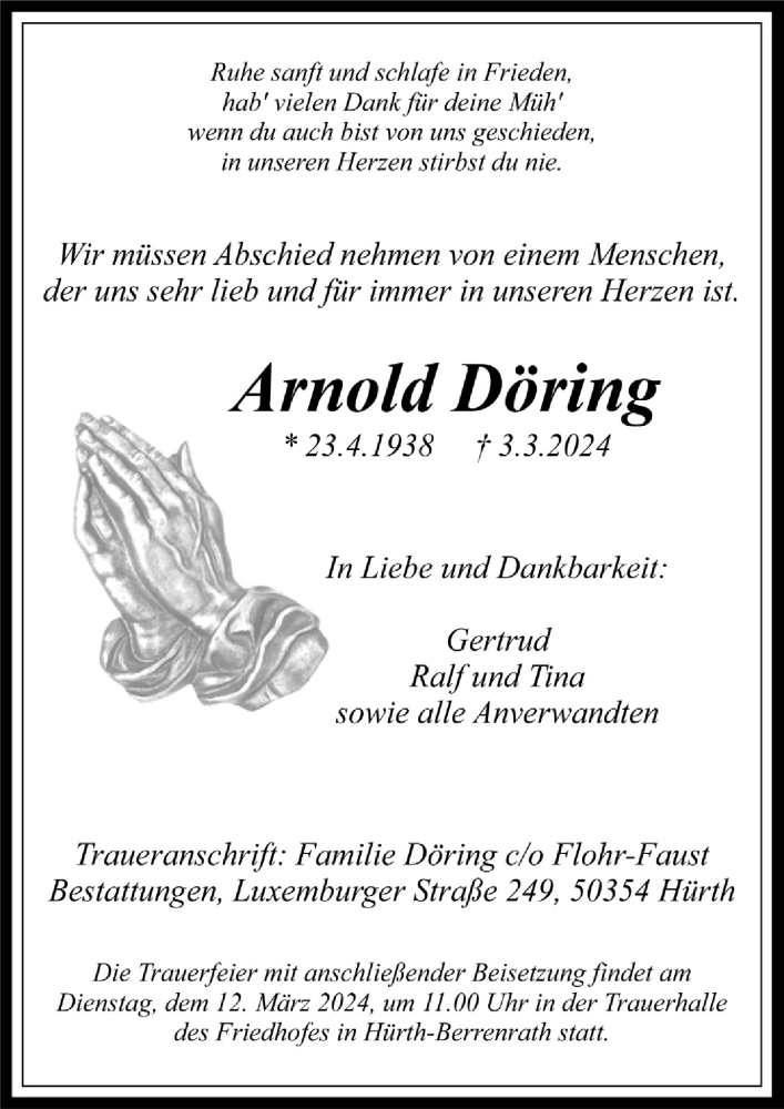  Traueranzeige für Arnold Döring vom 08.03.2024 aus  Wochenende 