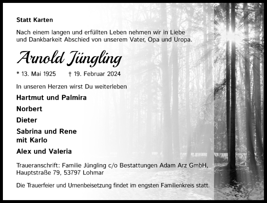 Anzeige von Arnold Jüngling von Kölner Stadt-Anzeiger / Kölnische Rundschau / Express