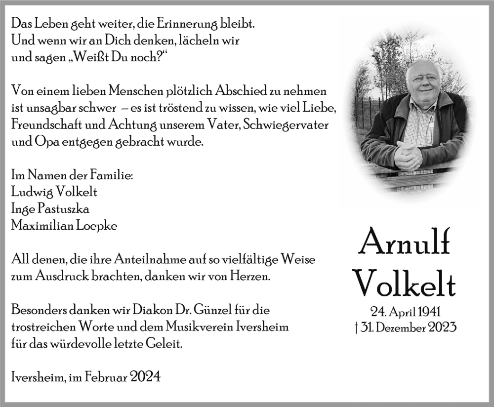  Traueranzeige für Arnulf Volkelt vom 02.03.2024 aus  Blickpunkt Euskirchen 