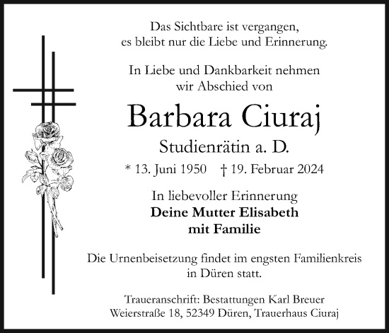 Anzeige von Barbara Ciuraj von Kölner Stadt-Anzeiger / Kölnische Rundschau / Express
