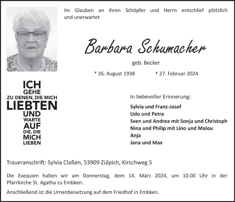  Traueranzeige für Barbara Schumacher vom 09.03.2024 aus  Blickpunkt Euskirchen 