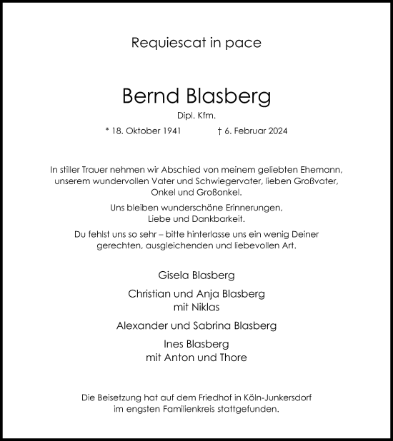 Anzeige von Bernd Blasberg von Kölner Stadt-Anzeiger / Kölnische Rundschau / Express