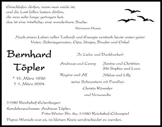 Anzeige von Bernhard Töpler von  Anzeigen Echo 