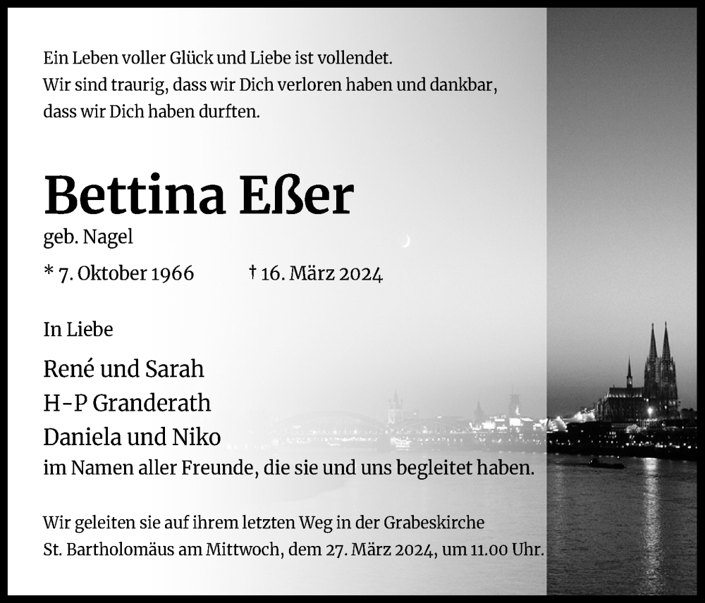  Traueranzeige für Bettina Eßer vom 20.03.2024 aus Kölner Stadt-Anzeiger / Kölnische Rundschau / Express