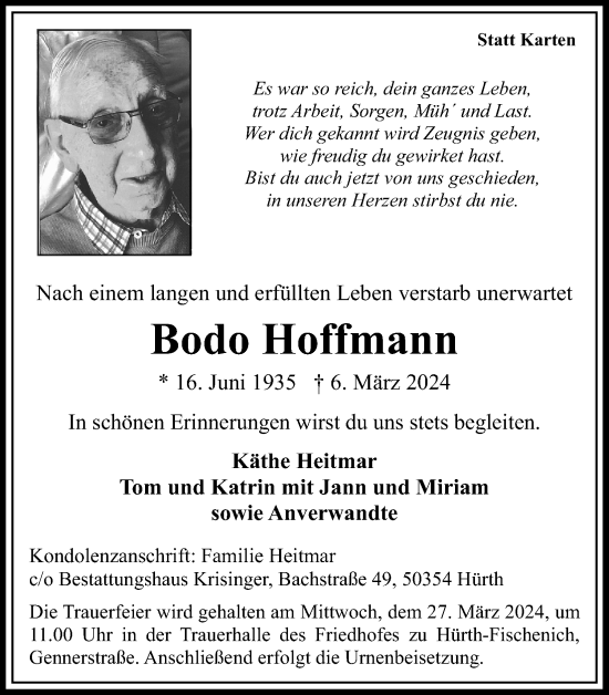 Anzeige von Bodo Hoffmann von Kölner Stadt-Anzeiger / Kölnische Rundschau / Express