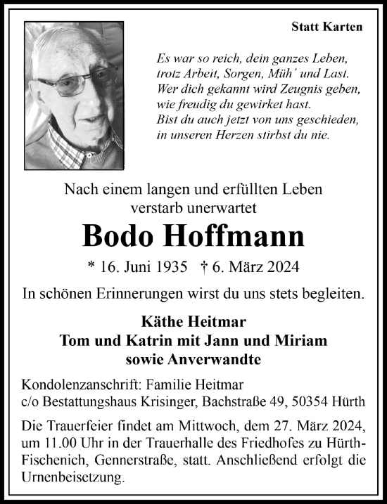 Anzeige von Bodo Hoffmann von  Wochenende 