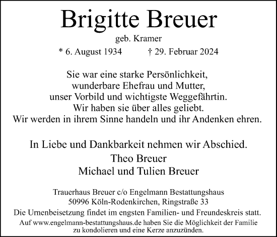 Anzeige von Brigitte Breuer von Kölner Stadt-Anzeiger / Kölnische Rundschau / Express