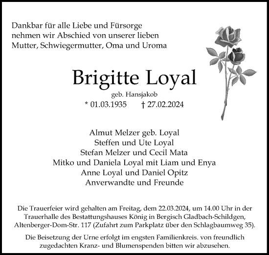 Anzeige von Brigitte Loyal von Kölner Stadt-Anzeiger / Kölnische Rundschau / Express