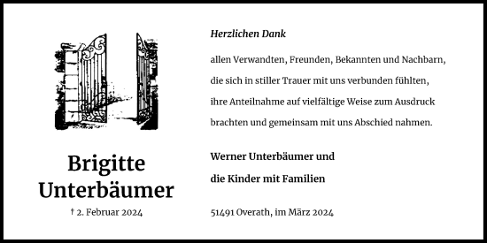 Anzeige von Brigitte Unterbäumer von Kölner Stadt-Anzeiger / Kölnische Rundschau / Express