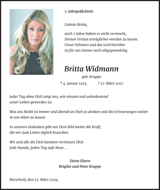 Anzeige von Britta Widmann von Kölner Stadt-Anzeiger / Kölnische Rundschau / Express
