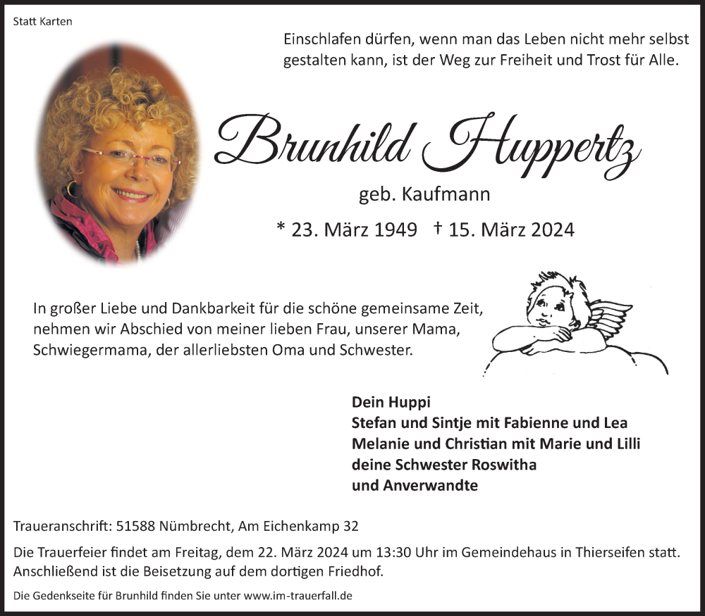  Traueranzeige für Brunhild Huppertz vom 20.03.2024 aus Kölner Stadt-Anzeiger / Kölnische Rundschau / Express