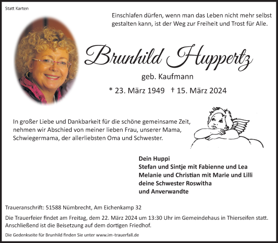 Anzeige von Brunhild Huppertz von Kölner Stadt-Anzeiger / Kölnische Rundschau / Express