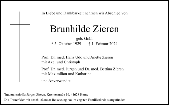 Anzeige von Brunhilde Zieren von Kölner Stadt-Anzeiger / Kölnische Rundschau / Express