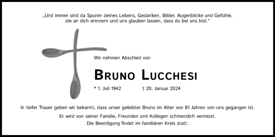 Anzeige von Bruno Lucchesi von Kölner Stadt-Anzeiger / Kölnische Rundschau / Express