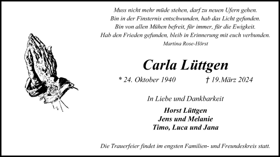 Anzeige von Carla Lüttgen von Kölner Stadt-Anzeiger / Kölnische Rundschau / Express
