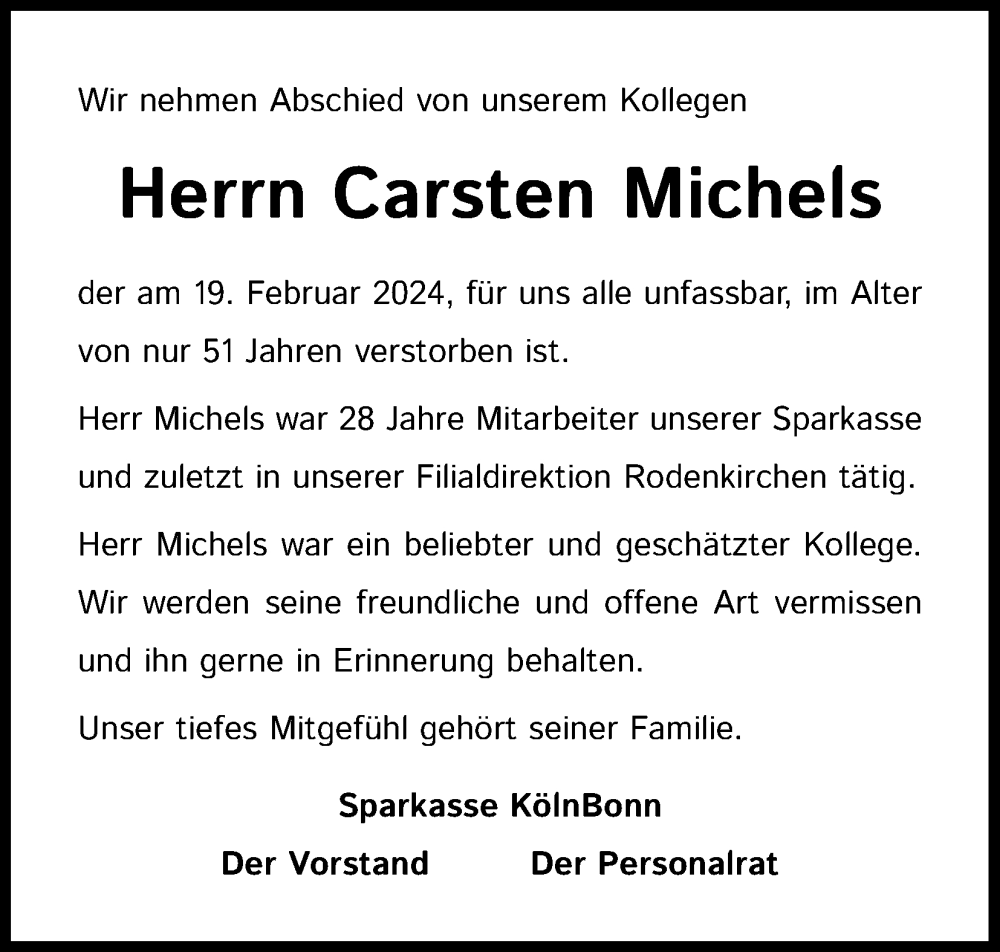  Traueranzeige für Carsten Michels vom 04.03.2024 aus Kölner Stadt-Anzeiger / Kölnische Rundschau / Express