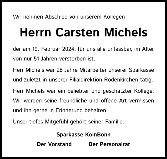 Anzeige von Carsten Michels von Kölner Stadt-Anzeiger / Kölnische Rundschau / Express
