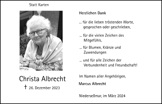 Anzeige von Christa Albrecht von  Anzeigen Echo 