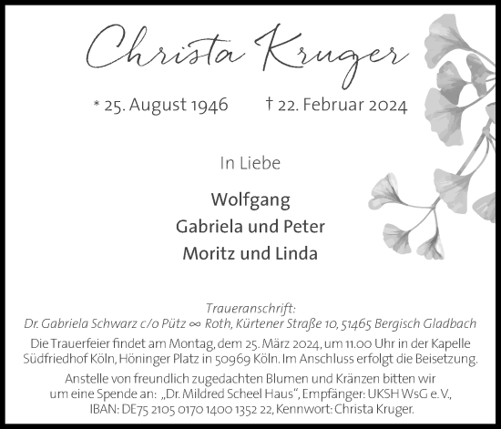 Anzeige von Christa Kruger von Kölner Stadt-Anzeiger / Kölnische Rundschau / Express