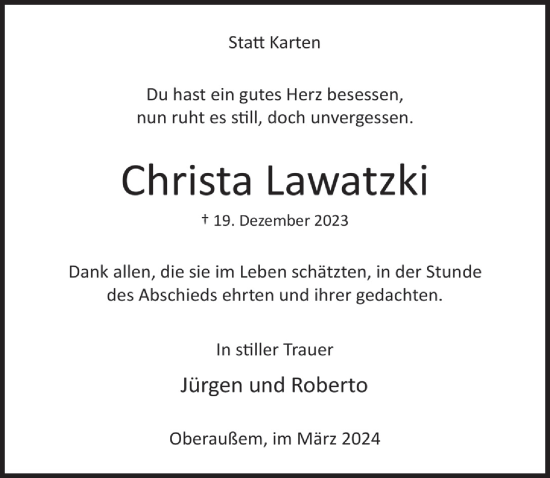 Anzeige von Christa Lawatzki von  Werbepost 