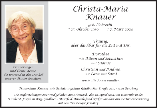 Anzeige von Christa-Maria Knauer von Kölner Stadt-Anzeiger / Kölnische Rundschau / Express