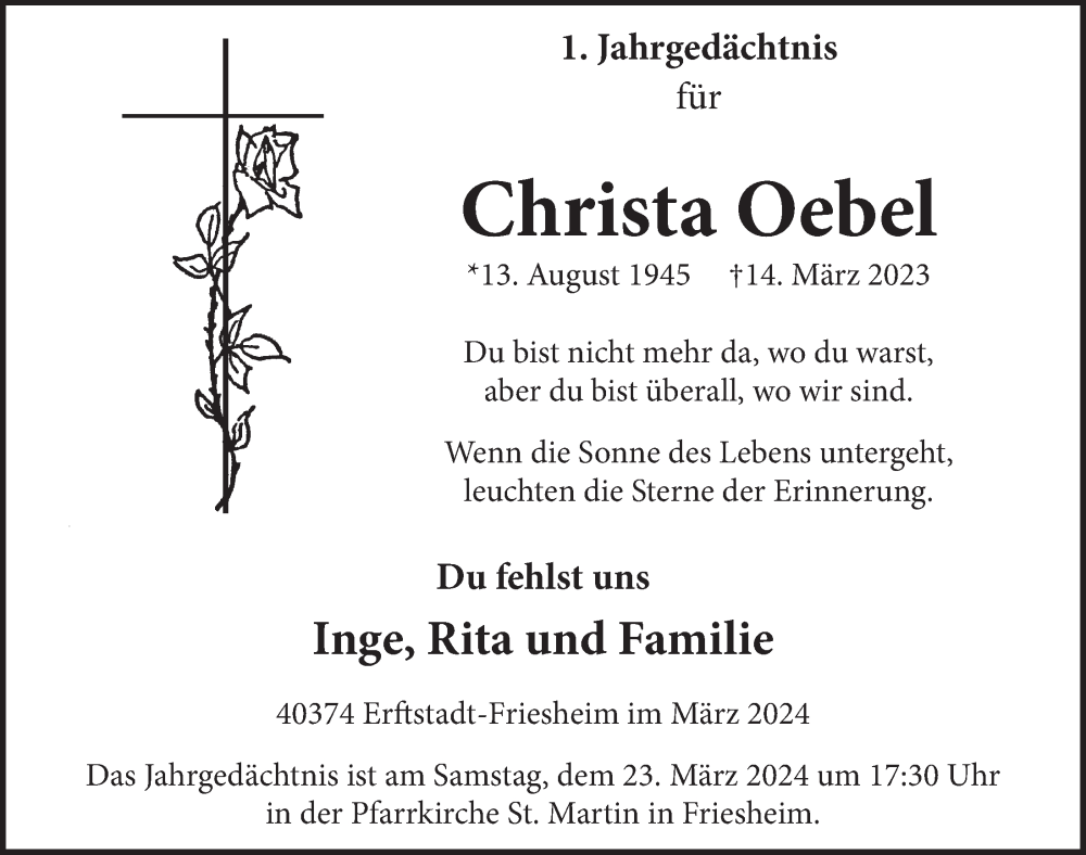  Traueranzeige für Christa Oebel vom 18.07.2023 aus  Werbepost 