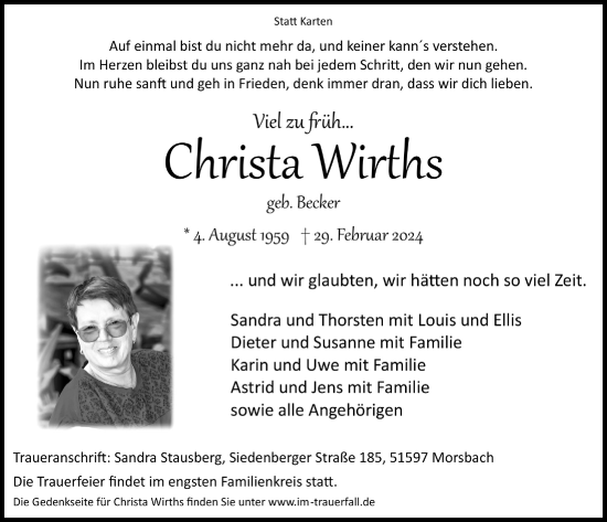 Anzeige von Christa Wirths von  Lokalanzeiger 