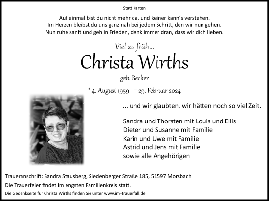 Anzeige von Christa Wirths von Kölner Stadt-Anzeiger / Kölnische Rundschau / Express