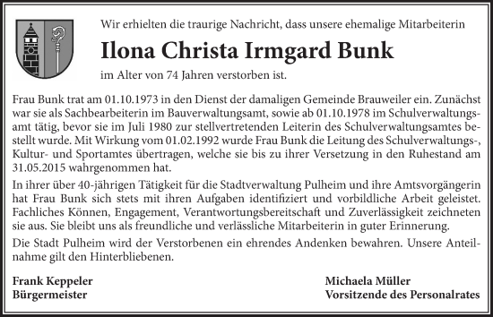 Anzeige von Christa Irmgard Bunk von  Wochenende 