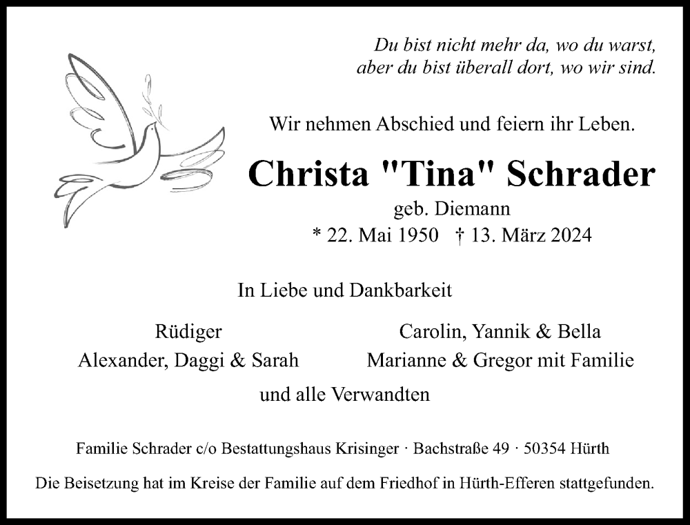  Traueranzeige für Christa Tina Schrader vom 23.03.2024 aus Kölner Stadt-Anzeiger / Kölnische Rundschau / Express
