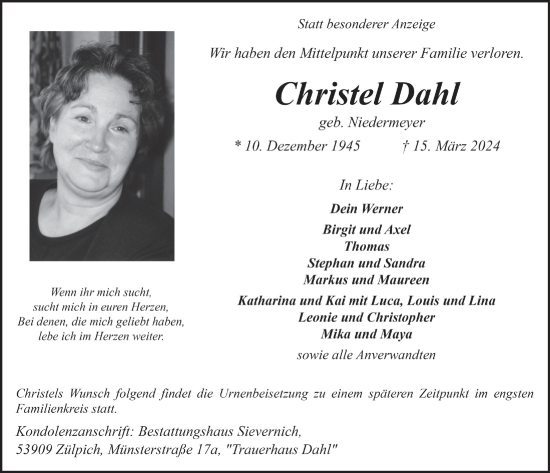 Anzeige von Christel Dahl von  Blickpunkt Euskirchen 