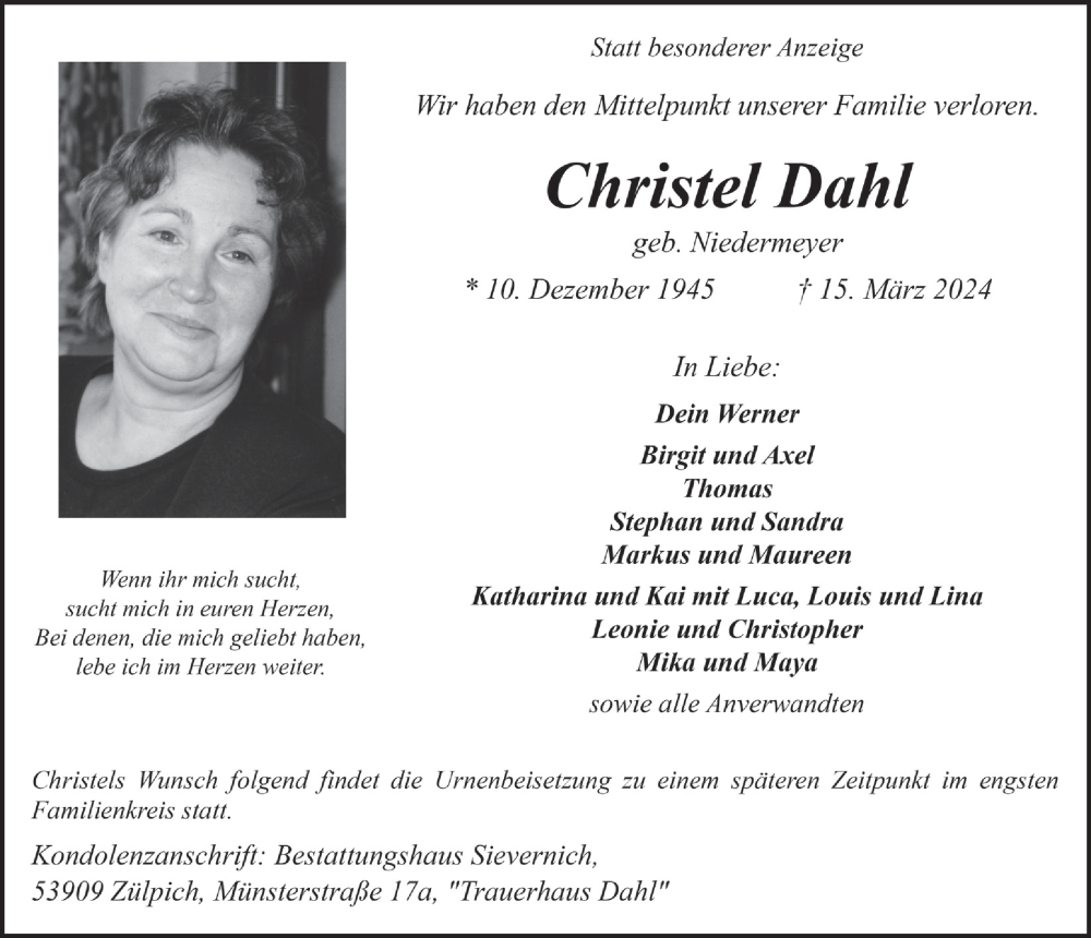  Traueranzeige für Christel Dahl vom 23.03.2024 aus  Blickpunkt Euskirchen 