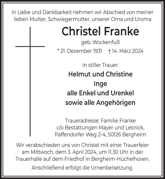 Anzeige von Christel Franke von  Werbepost 