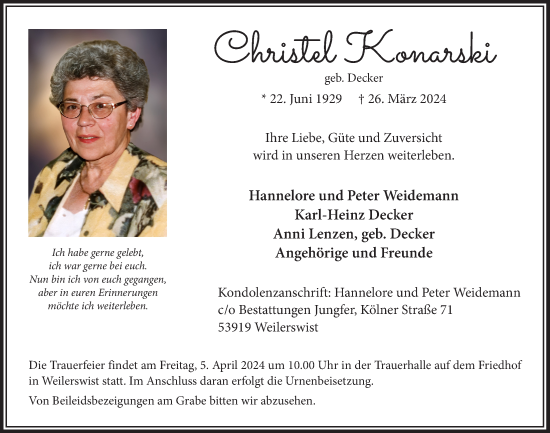 Anzeige von Christel Konarski von  Blickpunkt Euskirchen 