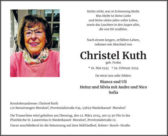 Anzeige von Christel Kuth von Kölner Stadt-Anzeiger / Kölnische Rundschau / Express