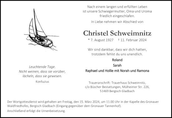Anzeige von Christel Schweimnitz von Kölner Stadt-Anzeiger / Kölnische Rundschau / Express