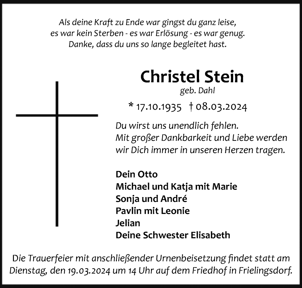  Traueranzeige für Christel Stein vom 16.03.2024 aus Kölner Stadt-Anzeiger / Kölnische Rundschau / Express
