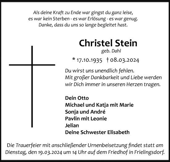 Anzeige von Christel Stein von Kölner Stadt-Anzeiger / Kölnische Rundschau / Express