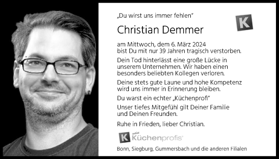 Anzeige von Christian Demmer von Kölner Stadt-Anzeiger / Kölnische Rundschau / Express