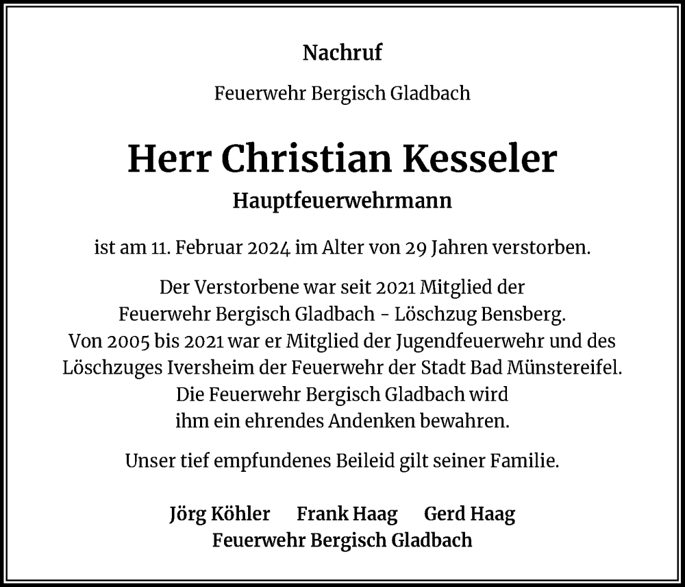  Traueranzeige für Christian Kesseler vom 16.03.2024 aus Kölner Stadt-Anzeiger / Kölnische Rundschau / Express