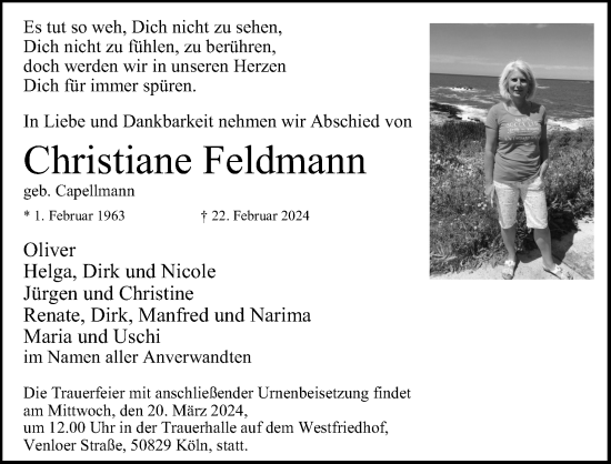 Anzeige von Christiane Feldmann von Kölner Stadt-Anzeiger / Kölnische Rundschau / Express